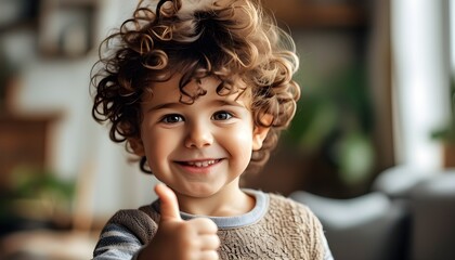 Wall Mural - Cheerful child with curly hair giving thumbs up indoors, radiating positivity and joy with a brilliant smile