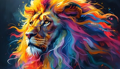 Majestic lion with a vibrant, flowing mane radiating power and creativity in an artistic portrayal