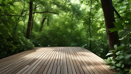 Wall Mural - Serene wooden deck nestled amid vibrant green foliage in a tranquil outdoor oasis