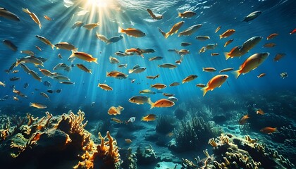 Wall Mural - Breathtaking underwater spectacle of sunlit fish swimming in harmony, illustrating the vibrant essence of marine life and ocean beauty