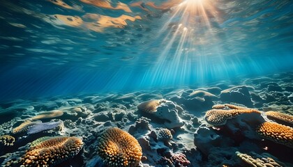 Enchanting underwater scene of vibrant corals and reef elements illuminated by sunlight filtering through the waters surface