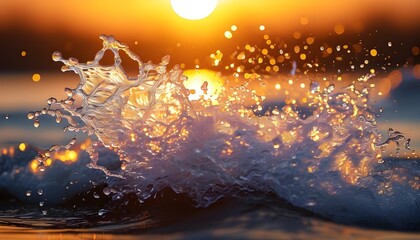 Vibrant close-up of water splashes illuminated by bokeh lights at sunset