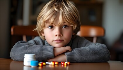 Wall Mural - Young boy with blond hair and brown eyes in gray sweater, seated at table with medicine and pills, gazing at the camera.