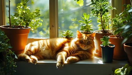 Wall Mural - Lazy orange cat basking in dappled sunlight among vibrant potted plants on a cozy windowsill retreat