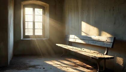 Wall Mural - Ethereal light illuminating desolate benches in a tranquil, aged room