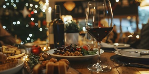 Christmas Dinner with Red Wine and Food