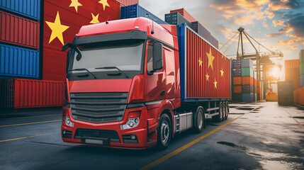 Truck delivering goods between China and Europe. International trade and transportation concept.