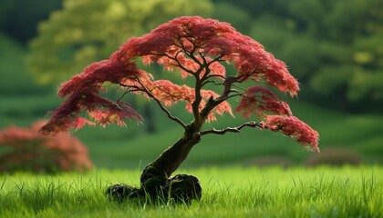 Wall Mural - Solitary Japanese maple tree amidst a lush green grass field