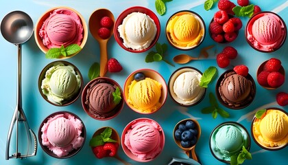 Wall Mural - Colorful Ice Cream Delight: An Inviting Assortment of Flavors on a Bed of Ice