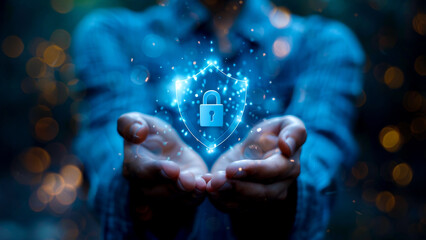 person holding glowing virtual shield symbolizing security and protection, surrounded by bokeh background. This image conveys sense of safety and digital security