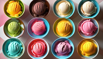 Wall Mural - Vibrant display of colorful ice cream scoops in decorative bowls highlighting an array of delicious flavors for a delightful dessert experience