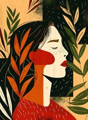 Canvas Print - Woman with Closed Eyes Surrounded by Leaves in Red and Green Colors