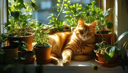 Wall Mural - Lazy orange cat basking in dappled sunlight among vibrant potted plants on a cozy windowsill retreat