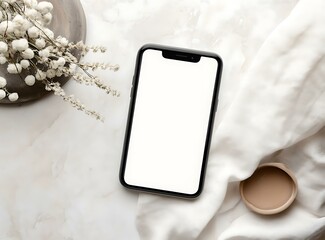 Wall Mural - White Phone Mockup On Marble Background With Dry Flowers