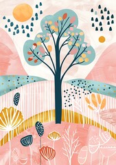 Sticker - Abstract Tree in Pink Landscape Illustration