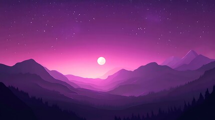 Sticker - Purple Mountain Landscape Illustration With Full Moon and Stars