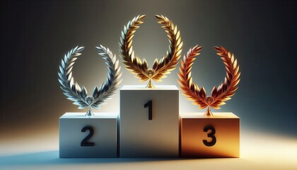 Three laurel wreaths - gold, silver, and bronze - stand on white and bronze podiums numbered 1, 2, and 3 against a dark background. Focus on the ranking and achievements of the top three competitors.