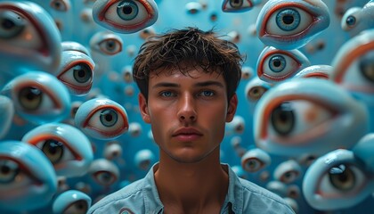 Wall Mural - Surreal scene of a young man enveloped by floating eyes in a blue-toned atmosphere, embodying themes of observation and self-awareness