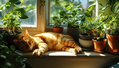 Wall Mural - Lazy orange cat basking in dappled sunlight among vibrant potted plants on a cozy windowsill retreat