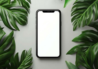 Wall Mural - Modern Smartphone Mockup with Tropical Leaves