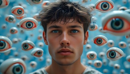 Wall Mural - Surreal scene of a young man enveloped by floating eyes in a blue-toned atmosphere, embodying themes of observation and self-awareness