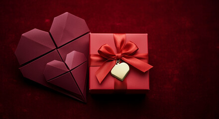 Gift box with red ribbon and heart shapes for Valentine’s Day celebration and romantic gifting