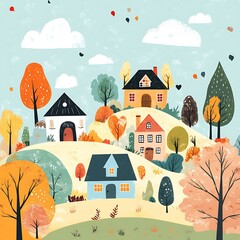 Sticker - Colorful Illustration of Houses in Autumn with Trees and Clouds