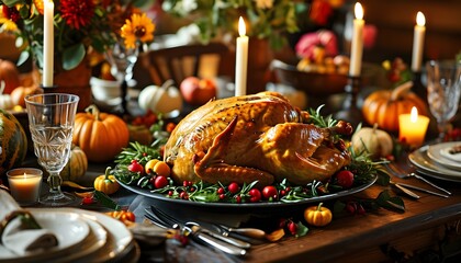 Wall Mural - Thanksgiving feast adorned with roasted turkey, traditional sides, candles, flowers, and pumpkins for a festive celebration