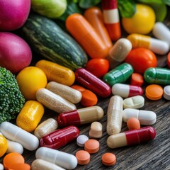 A colorful assortment of fruits, vegetables, and dietary supplements arranged on a wooden surface, emphasizing health and nutrition.