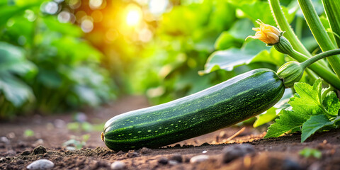 Fresh zucchini growing in a vegetable garden , organic, homegrown, green, plant, healthy, summer, harvest, agriculture, farm