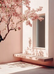 Wall Mural - Pink Wall with Blooming Tree and Window