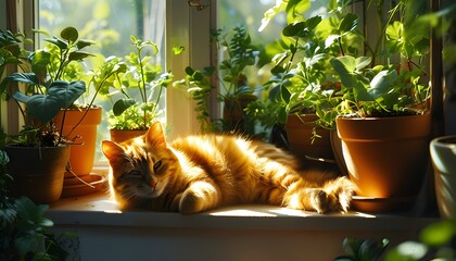 Wall Mural - Lazy orange cat basking in dappled sunlight among vibrant potted plants on a cozy windowsill retreat