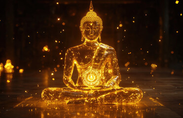 Wall Mural - Golden, glowing Buddha statue with an aura of light, floating in the air, with a lotus flower in hand.