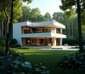 Wall Mural - Modern Two Story White House With Swimming Pool in Forest