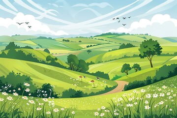 Poster - Green Hills Landscape Illustration