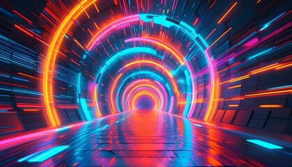 Wall Mural - Vibrant neon abstract tunnel featuring a dynamic digital data stream against a backdrop of light speed energy