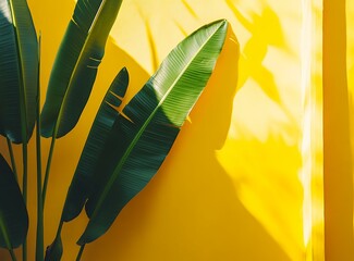 Canvas Print - Tropical Banana Leaves on a Yellow Wall