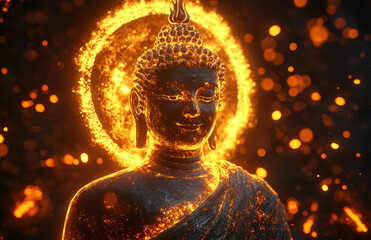 Golden, glowing Buddha statue with an aura of light, floating in the air, with a lotus flower in hand.