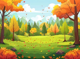 Sticker - Autumn Landscape With Falling Leaves And Mountains Background