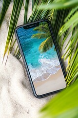 Canvas Print - Smartphone on Sand with Palm Tree and Ocean View