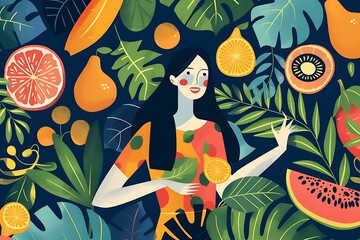 Tropical Fruits Illustration with a Woman