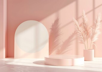 Poster - Pink Minimalist Product Display Stand With Pampas Grass