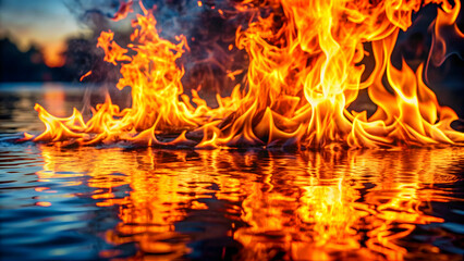 Close up photo of a vibrant fire burning on the surface of water , fire, water, close up, heat, flames, burning, orange, reflection