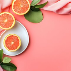 Poster - Fresh Grapefruit Slices on Plate with Green Leaves and Pink Background