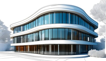 Wall Mural - Curved Building Wireframe with Glass Windows in Modern Architectural Design on White Background