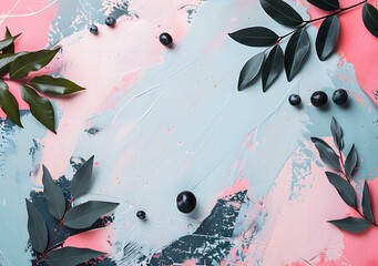 Poster - Blueberries and Green Leaves on Abstract Pink and Blue Background