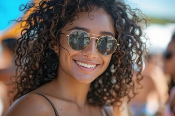 Cheerful young woman with curly hair wearing sunglasses, smiling at the beach on a sunny day