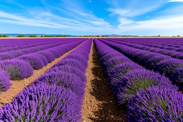 Wall Mural - A field of lavender in full bloom, with rows of purple flowers stretching toward the horizon under a bright blue sky