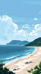 Wall Mural - Summer Beach Scene Illustration with Mountains and Seagulls