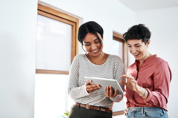 Poster - Business, women and happy with tablet at office on break for browsing social media and entertainment. Female employees, people and smile or laughing on internet for funny videos and streaming service